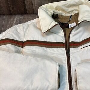 Vintage Sears SportsCenter Men's Puffer Jacket White Brown Trim Size Medium